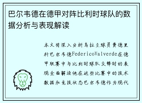 巴尔韦德在德甲对阵比利时球队的数据分析与表现解读 巴尔韦德在德甲对阵比利时球队的数据分析与表现解读
