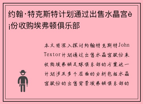 约翰·特克斯特计划通过出售水晶宫股份收购埃弗顿俱乐部 约翰·特克斯特计划通过出售水晶宫股份收购埃弗顿俱乐部